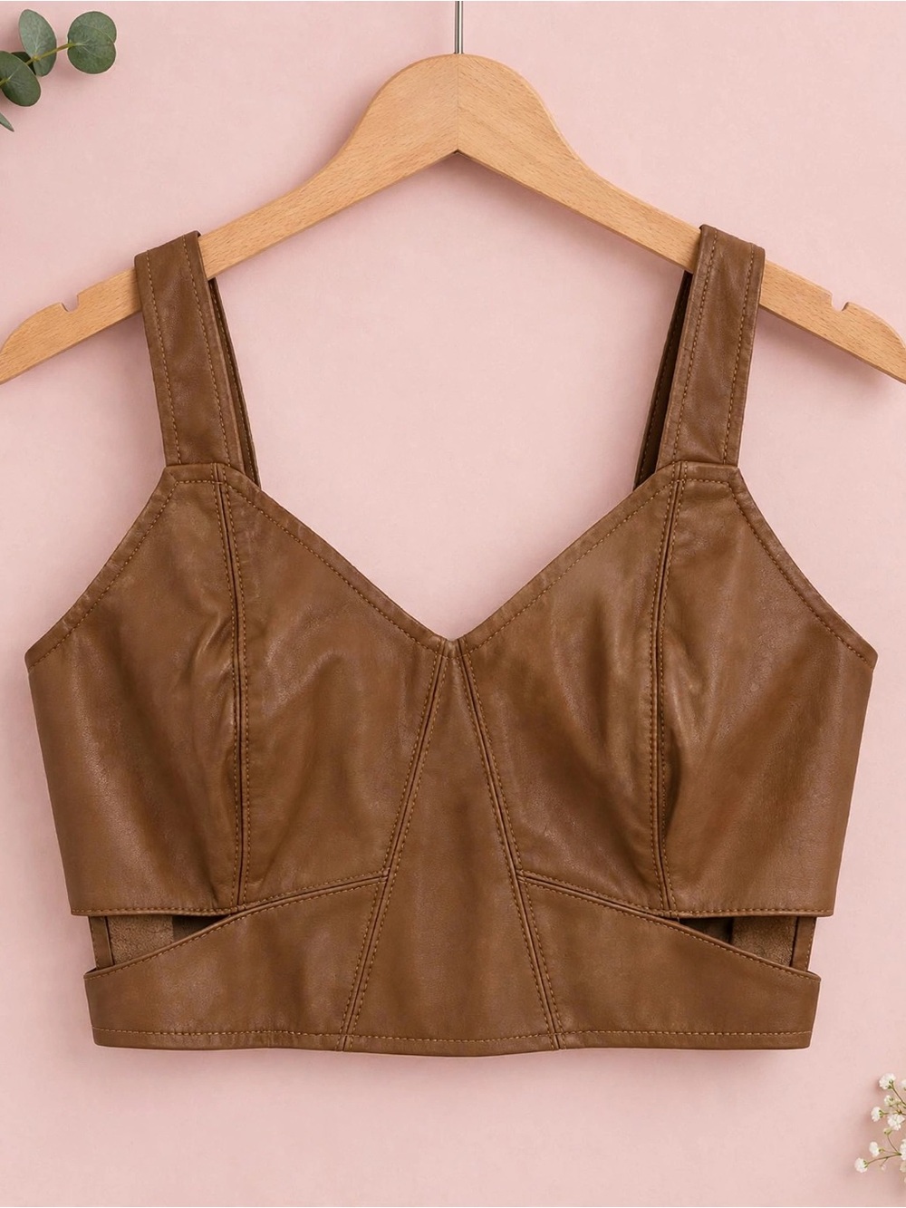 Brown Faux Leather Corset Crop Top - Smocked Back, Cutout Hem, Wide Strap
